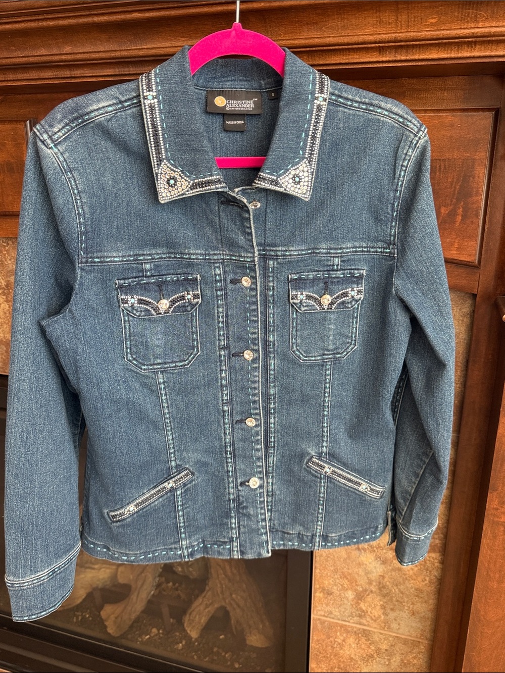 Christine Alexander western rhinestone embellished bling denim jean jacket S
